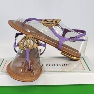 Pierre Dumas T Strap Sandals Lavender Gold Medallion Flats Women's Size 8.5